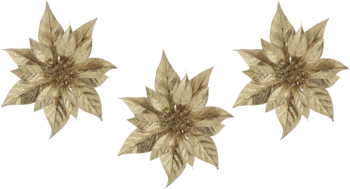 Cosy & Trendy Decoratie bloem - 4x stuks - kerstster - op clip - goud - glitter -18 cm - kunststof - kerstversiering Goudkleurig