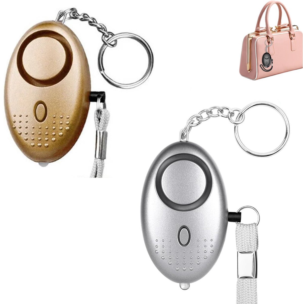 2 Stuks - 140 dB - Persoonlijke Alarm - Met LED Zaklamp En Sleutelhanger - Persoonlijk Zakalarm - Pepperspray - Paniekalarm - Anti Wolf Fluitje - Sleutelhanger - Goud & Zilver
