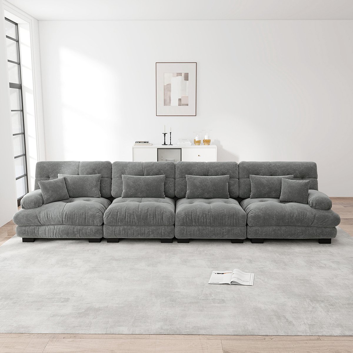 KOMHTOM BLACKCOLORS Modulaire hoekbank met 4 zitplaatsen en diepe zitting, comfortabel gestoffeerde slaapbank van chenille voor woonkamer, appartement, studio, kantoor, grijze chenille Grijs