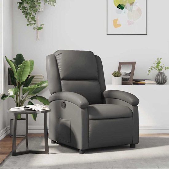 Grijze verstelbare fauteuil in kunstleer, met een zijvakje.