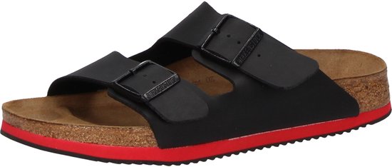 Sandale Arizona noire Birkenstock avec bordure rouge et boucles réglables.