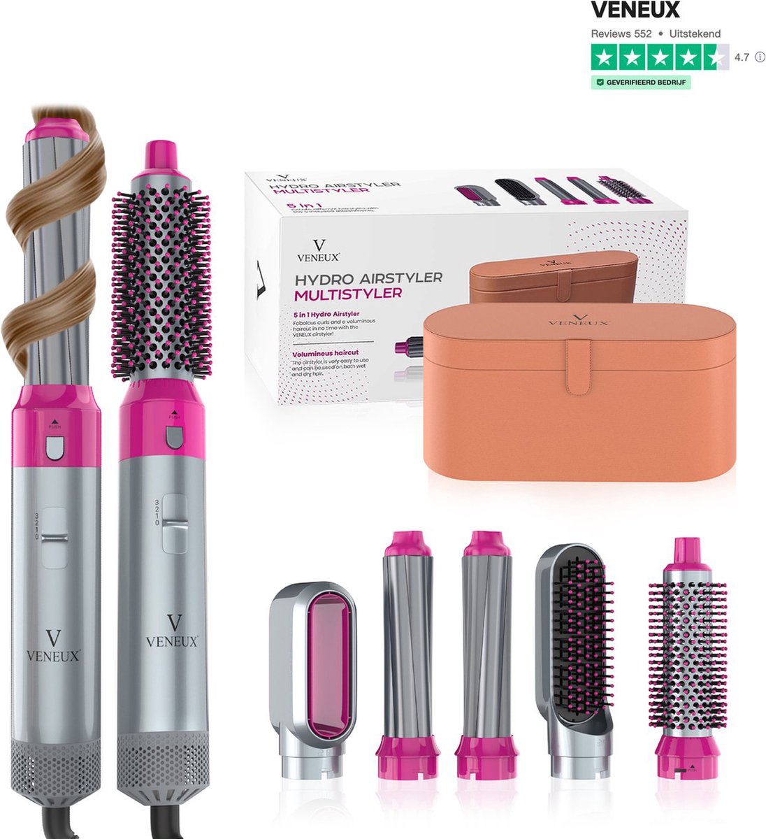 VENEUX® 5 in 1 Föhnborstel - Airstyler - Krulborstel - Multistyler - Diffuser Föhn - Grijs Roze