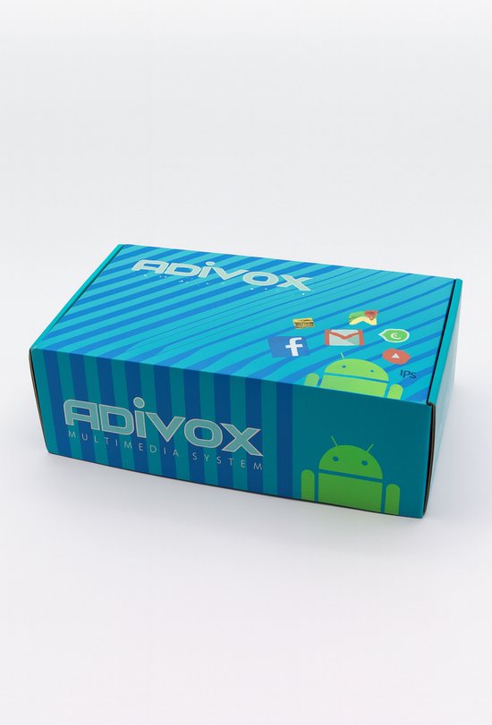 ADIVOX verpakking met blauwe strepen en het Android-logo.