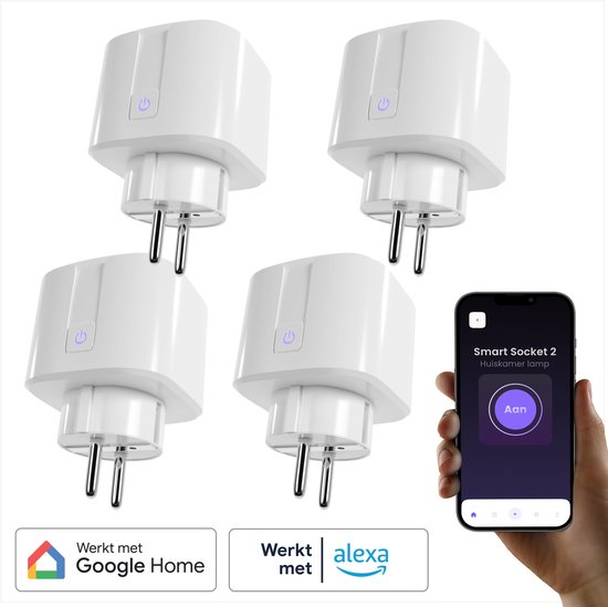 BULP Slimme Stekker - Smart Plug - 4 Stuks - 16A - Meet energieverbruik - WiFi - Tijdschakelaar - Met app bediening - Tegen Sluipverbruik - Bedien verlichting op afstand - Werkt met Google Home & Amazon Alexa - WiFi Stopcontact