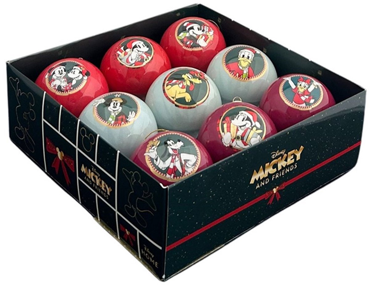 Disney kerstballen set 9 stuks Mickey & Friends rood/wit/bordeaux
