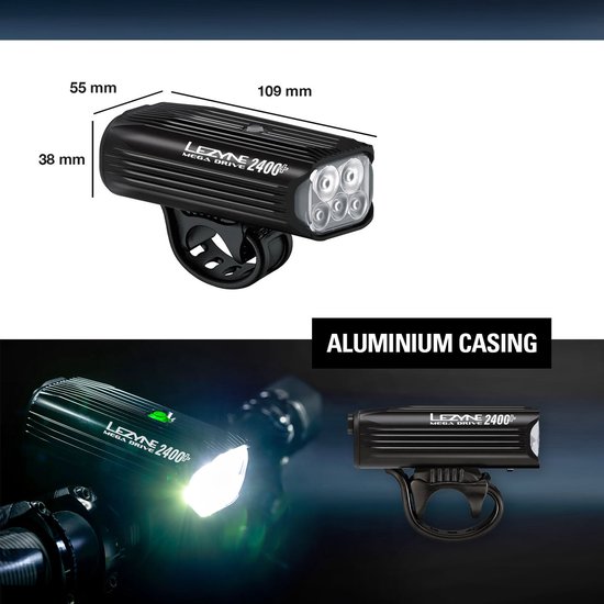Lezyne Mega Drive 2400+ Loaded Kit - Fietslamp voorlicht - Voorlamp Fiets - Fietsverlichting USB oplaadbaar - Waterdicht fietslicht - 2400 Lumen - Zwart — afbeelding 3