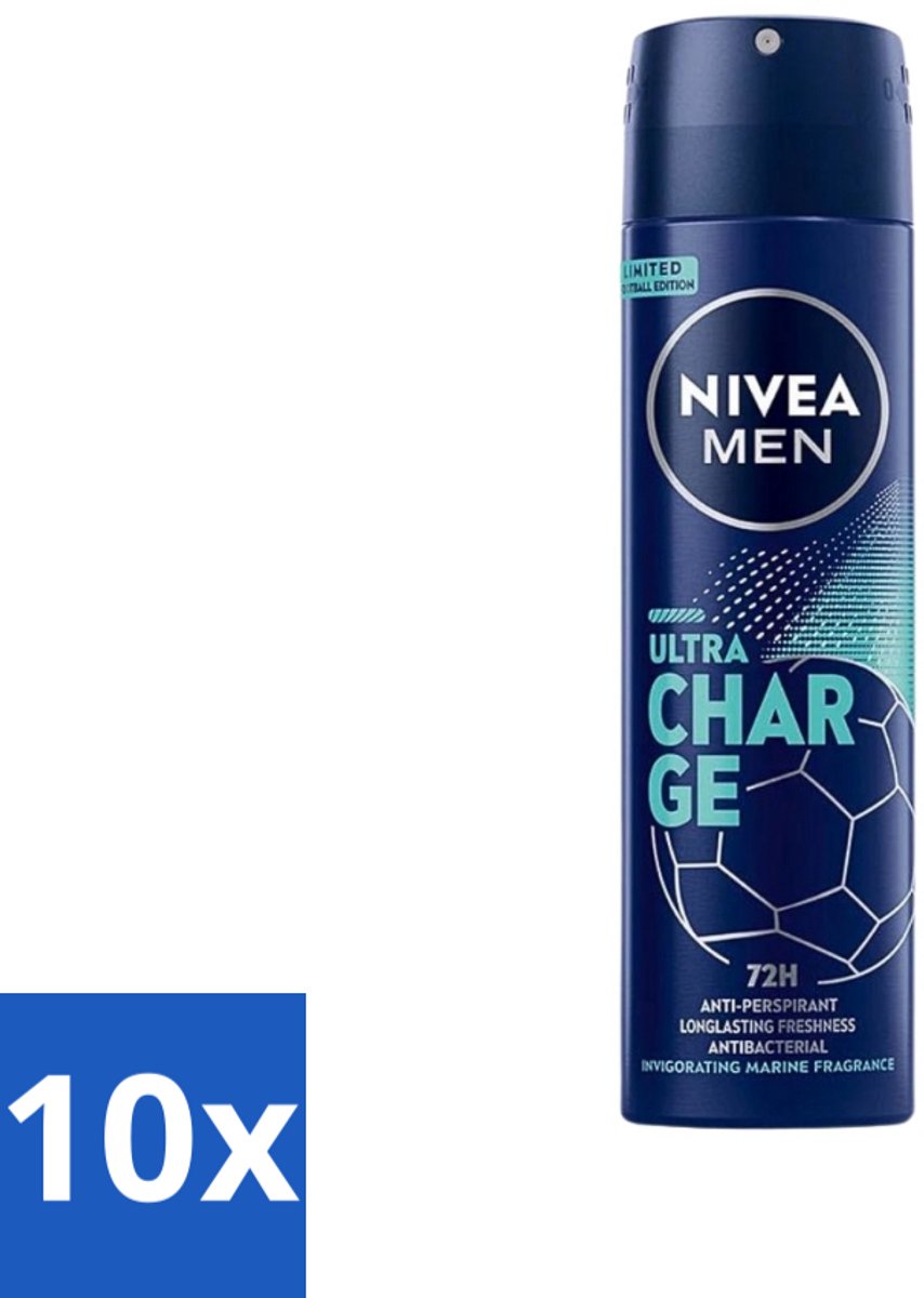 10 x Nivea - Men - Deodorant - Spray - Ultra Charge - 150 ml - Deodorant Spray - Anti-transpirant - 48 Uur Bescherming - Mannelijke Geur - Huidverzorging