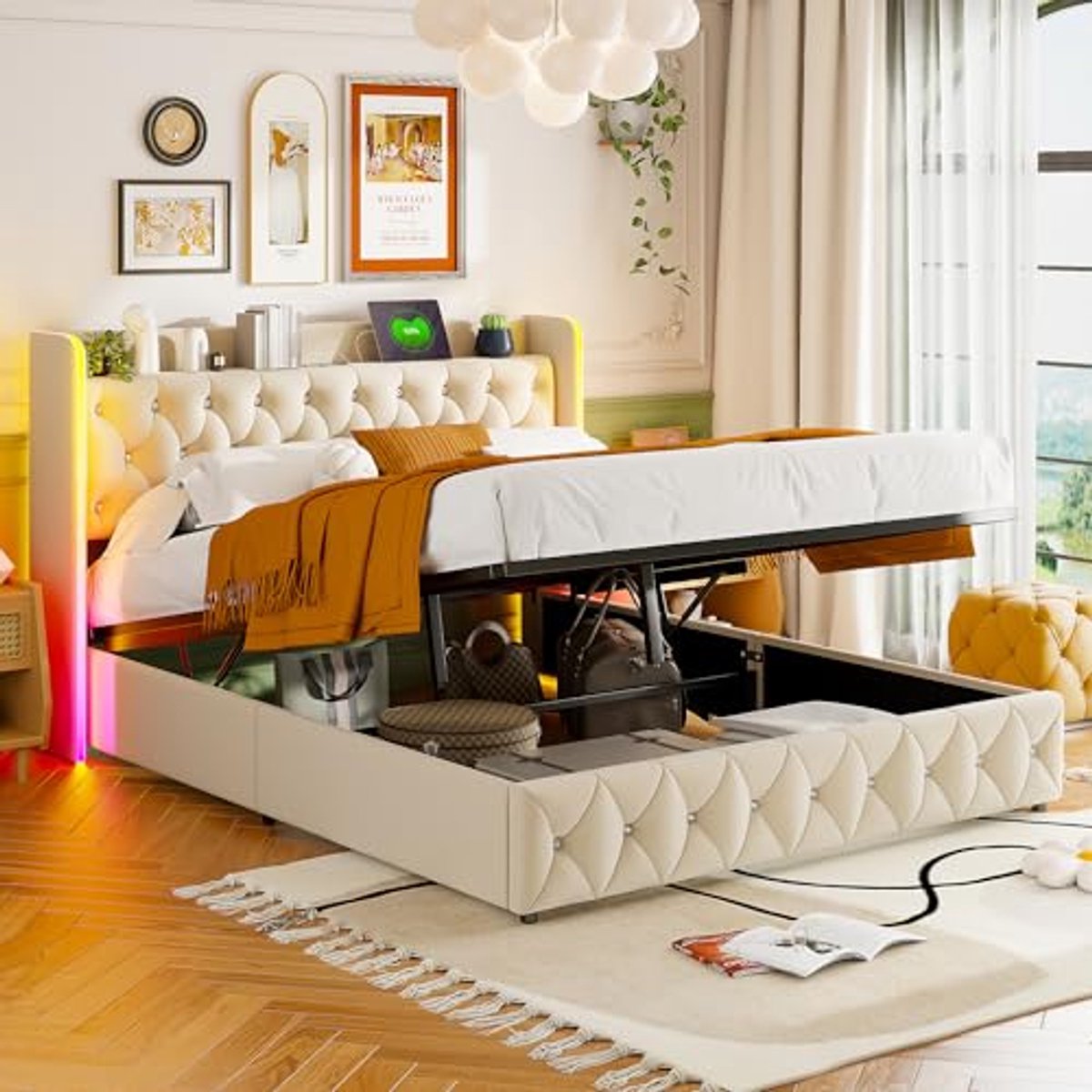 Gestoffeerd tweepersoonsbed met led-hoofdeinde en USB-C-oplaadfunctie - 160 x 200 cm, opbergruimte en lattenbodem