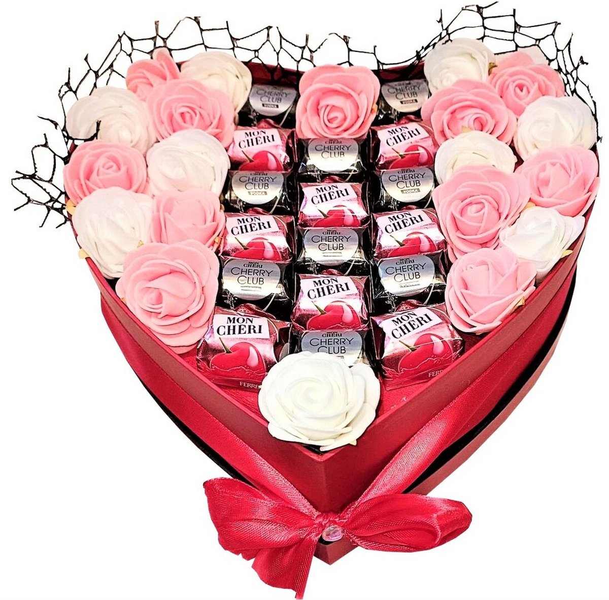 Chocolade Hart met rozen en Mon Cheri chocolade - 22 cm - valentijn - moederdag
