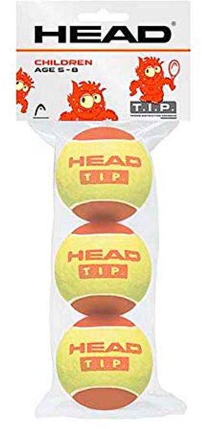 Een verpakking met drie gele HEAD TIP tennisballen met oranje accenten en het HEAD logo. Geschikt voor kinderen van 5-8 jaar.