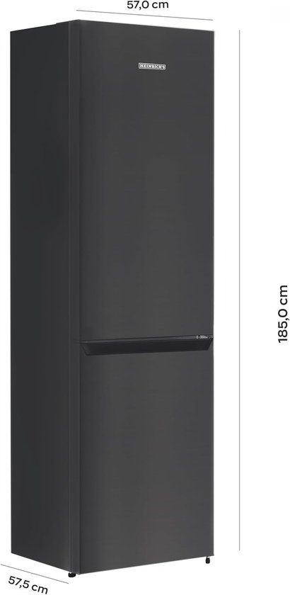 Zwarte, vrijstaande koelkast van 185cm hoog, 57cm breed en 57.5cm diep.