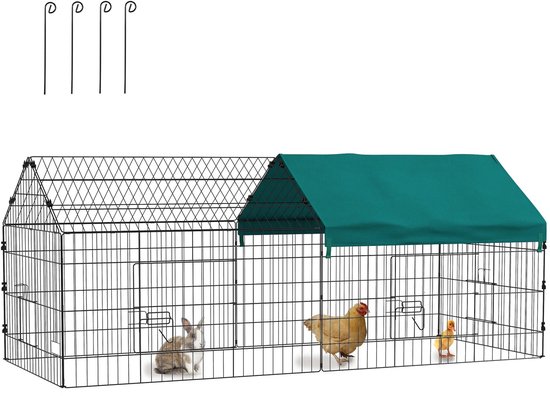 Enclos métallique noir avec toit vert, un lapin, une poule et un poussin, plus quatre piquets.