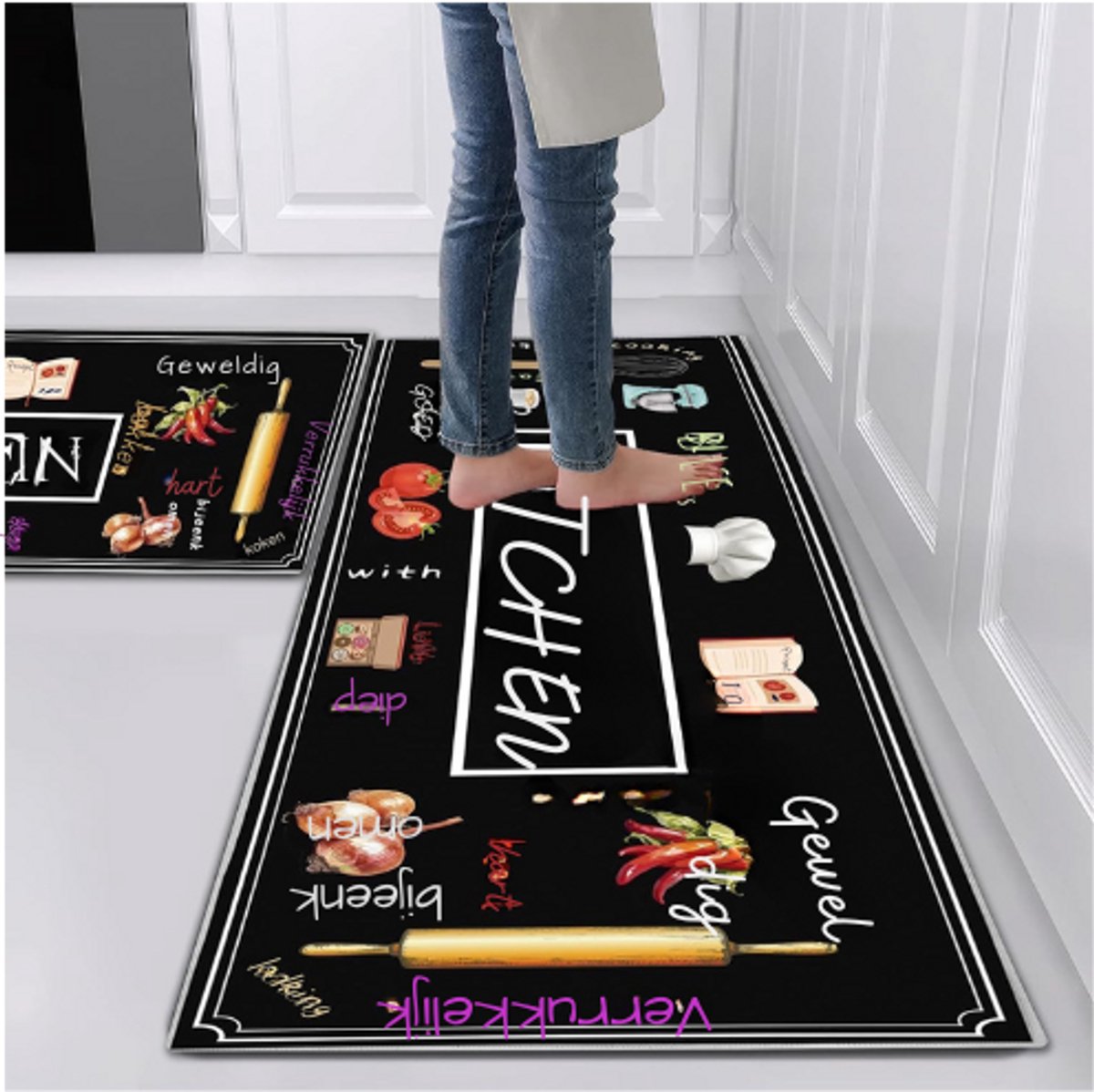 BOG Keukenloper Modern Wasbaar Geometrisch Patroon - Antislip Keukenmat 40x60cm + 40x124cm - Stijlvolle Tapijtset Voor Keuken En Eetkamer - Piano Design VEELKLEURIG