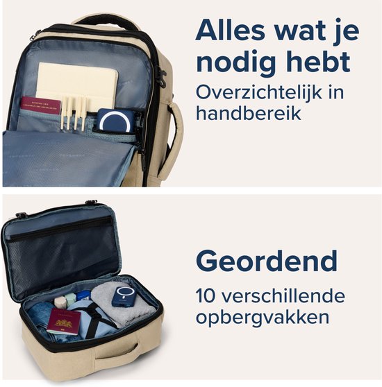 Open beige rugzak met spullen erin, en een georganiseerde koffer.