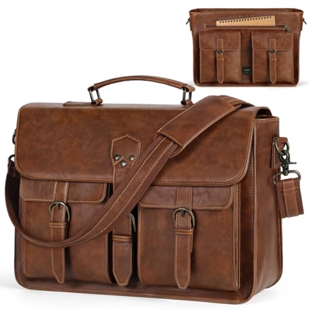 Schoudertas 15.6 Inch Laptoptas voor Werk, School en Reizen - Waterdichte Crossbody Aktetas in Bruin