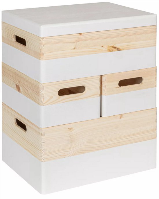 Set de 4 boîtes empilables HAUDT® KIM Noix de Kokos - 40 x 30 x 49 cm - Couvercle amovible - Boîtes blanches