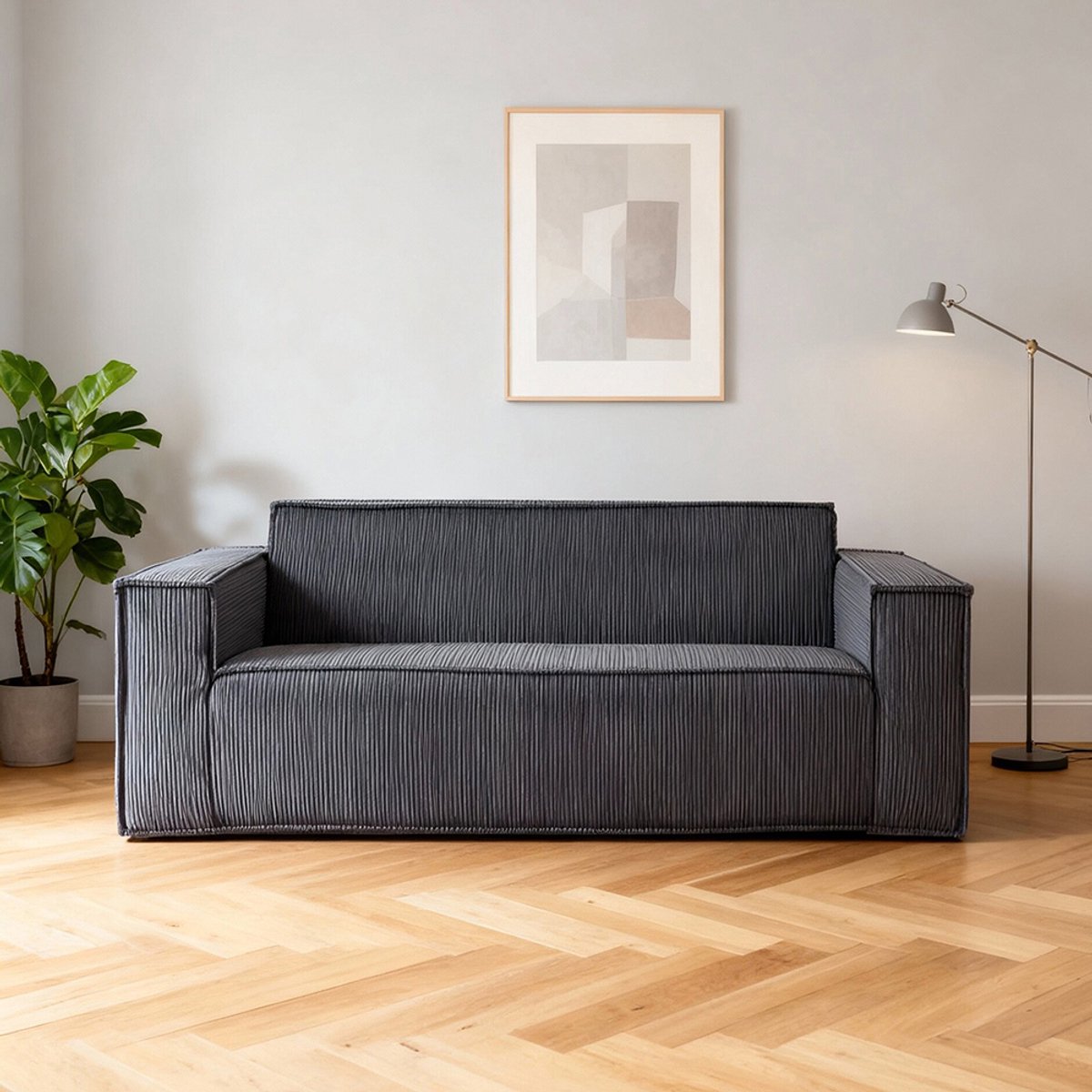 Pugsdrly Moderne bank van corduroy, comfortabele 2-zitsbank met diepe zitting, bank voor woonkamer/appartement/kantoor/huis, zonder poten/zonder montage/gemakkelijk te vervoeren (grijs)