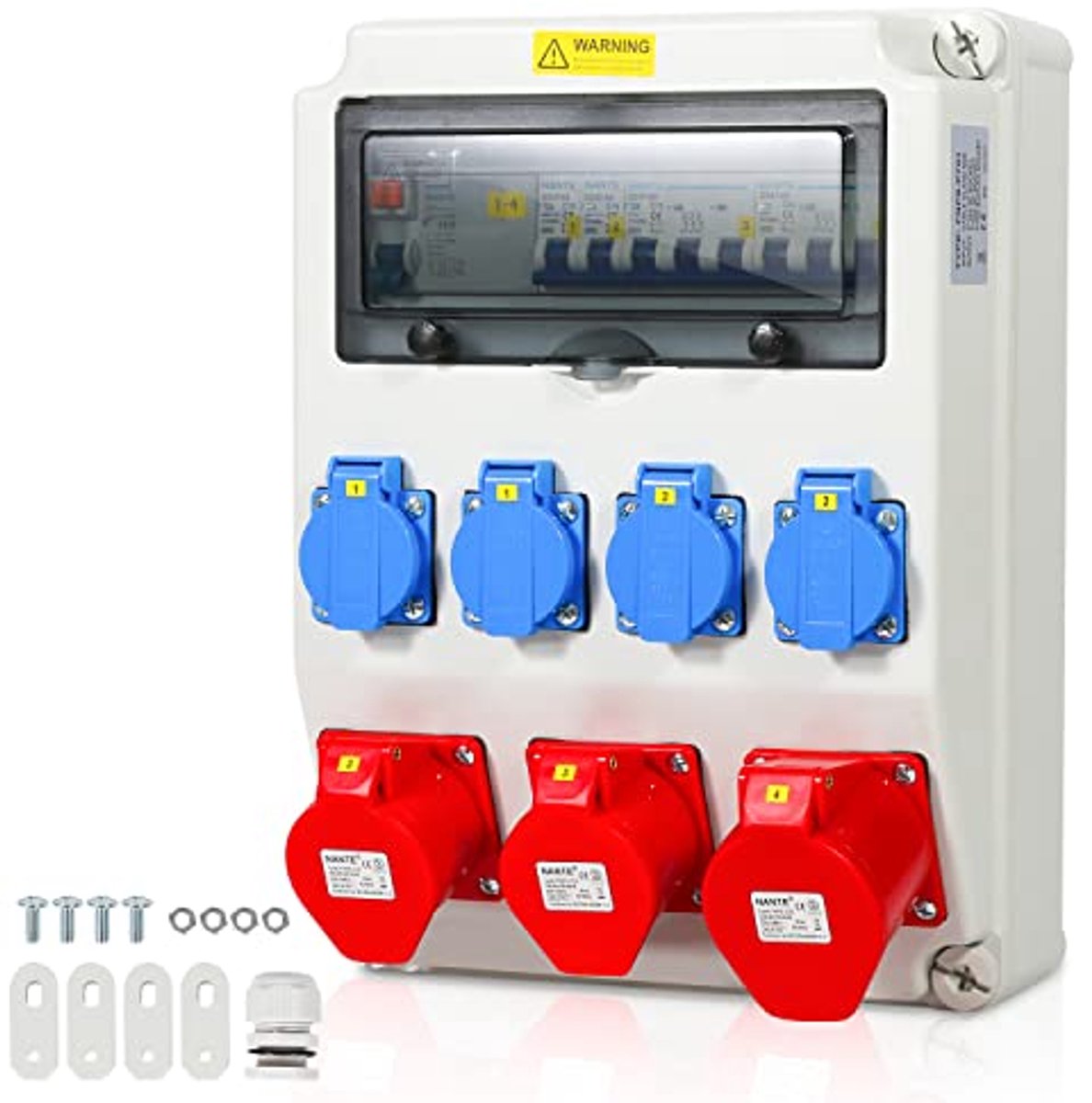 Wandverdeler met Stroomonderbreker en FI - 5-polige Bouwstroomverdeler met 4 Schuko Stopcontacten en CEE Stopcontact