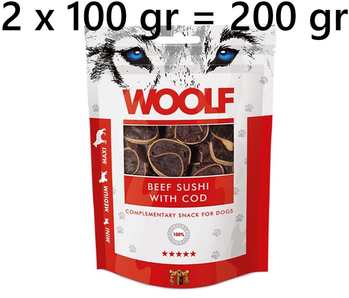 ++ 2 X ++ WOOLF hondensnack beef sushi with cod 100 gr = 200 gram - rundvlees 80% - kabeljauw 10%