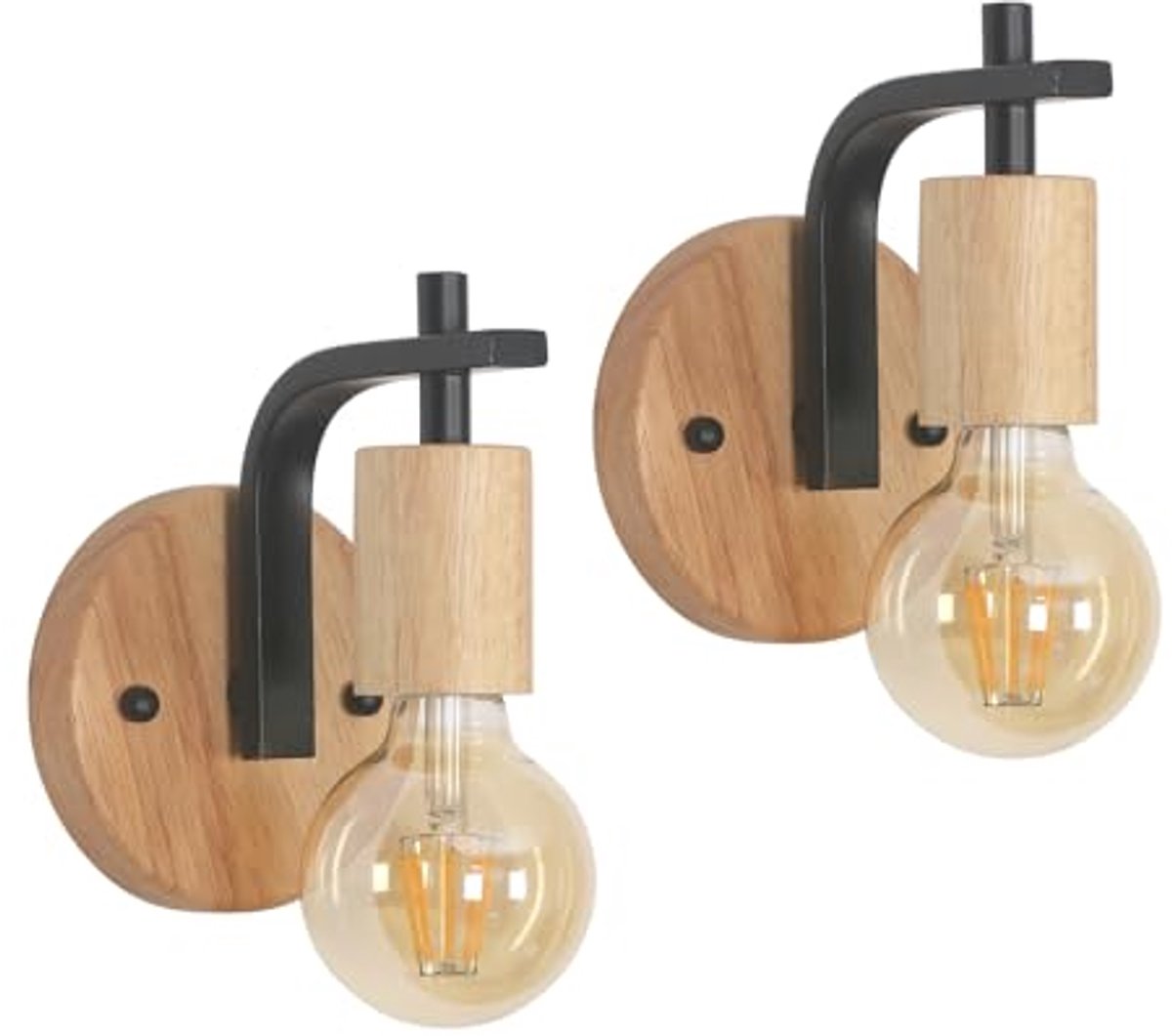 Interieur Wandlamp 2 Stuks in Hout en Metaal Design - Vintage E27 Binnenverlichting voor Gang, Woonkamer, Slaapkamer en Trap