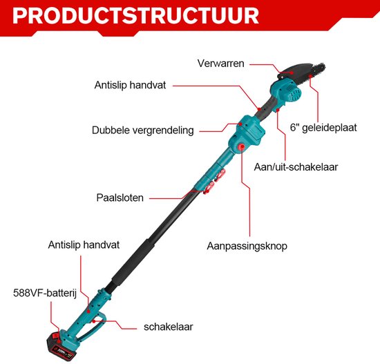 ONEVAN Accu Hoogsnoeier - Snoeischaar Telescopische steel - Borstelloze kettingzaag - snoeizaag voor hoge takken - Met 2 Accus - voor boomtakken, houtzagen — afbeelding 2
