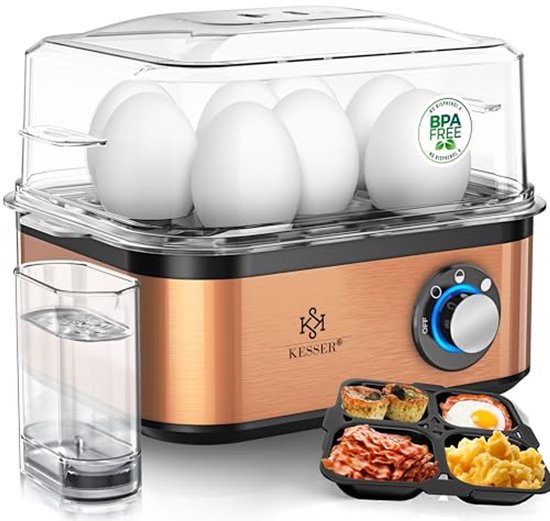 SUNTEC eierkoker EGG-8564 design van rvs – Voor 7 eieren – Instelling hardheid en timer – Automatische uitschakeling – Klein en elektrisch – Set met maatbeker & schaal voor roereieren – 360 watt