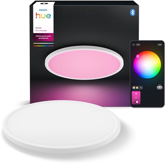 Plafonnier minimaliste Hue Devote M, diffusion uniforme de la lumière, diamètre 42,1 cm, jusqu'à 2 900 lumens, plastique blanc mat