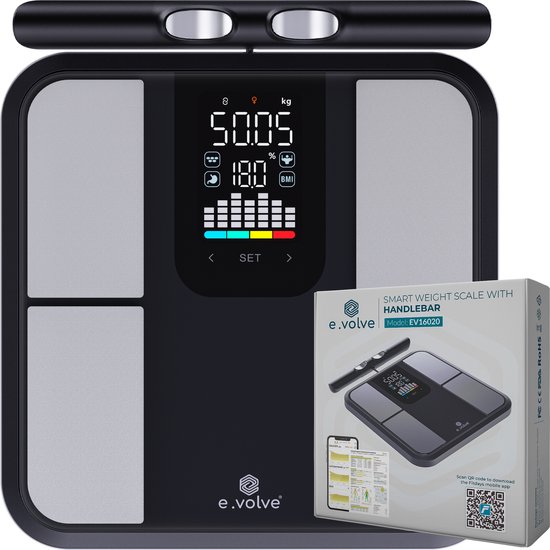 e.volve Weegschaal Personenweegschaal Digitaal - 32x - Werkt ook zonder app - Slimme Weegschaal met Lichaamsanalyse - Incl. Handvat