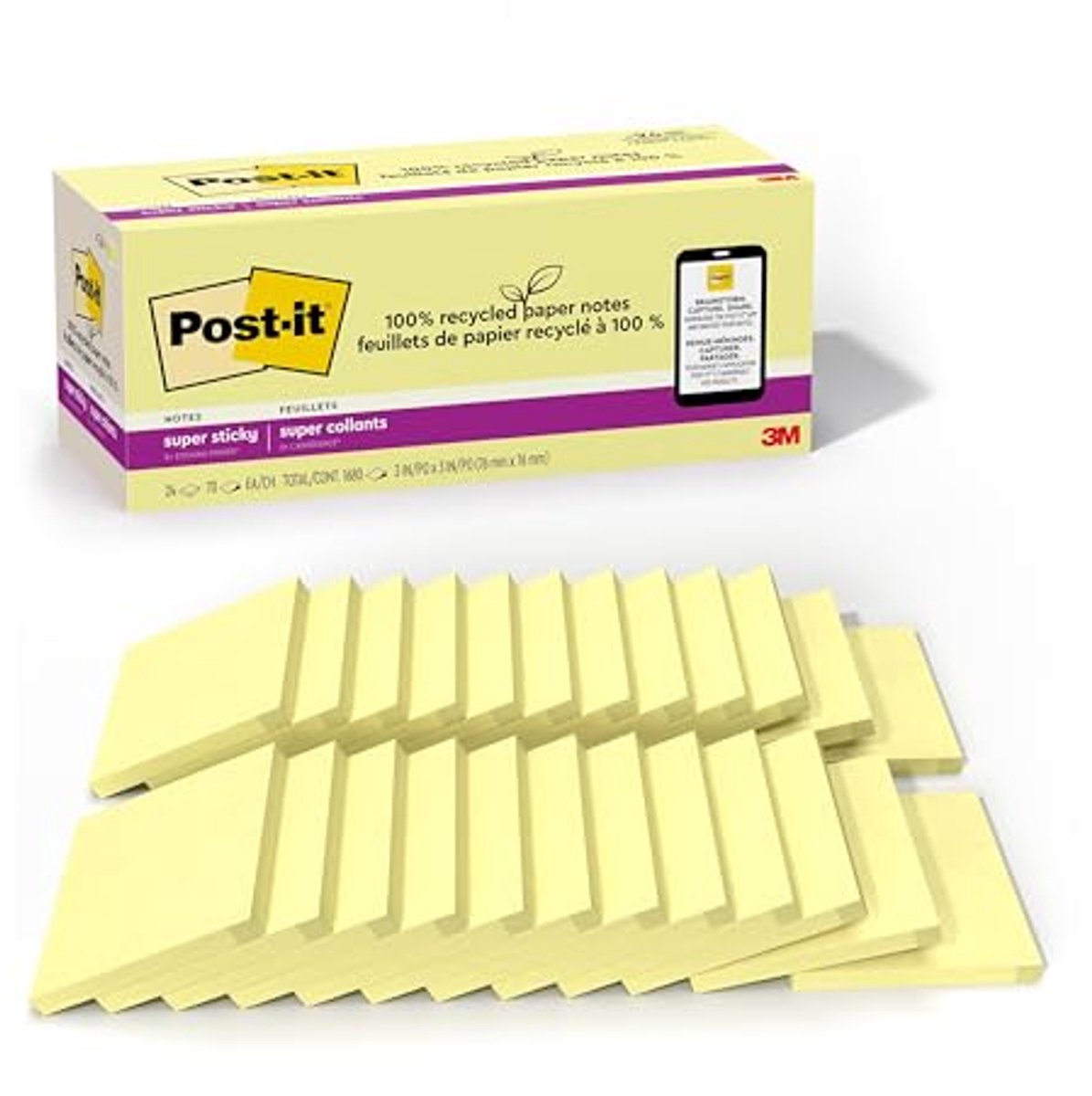 Gerecycleerde Super Sticky Notes - 3x3 inch, 2x Kleefkracht, 24 Pads, 70 Vellen, Geel