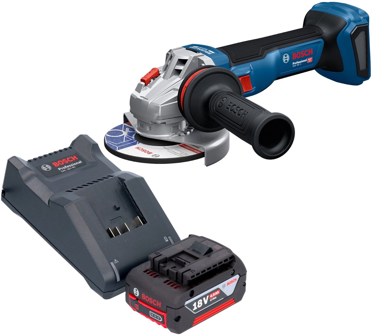 Bosch GWS 18V-11 Professional accu haakse slijper 18 V 125 mm + 1x accu 4,0 Ah + oplader