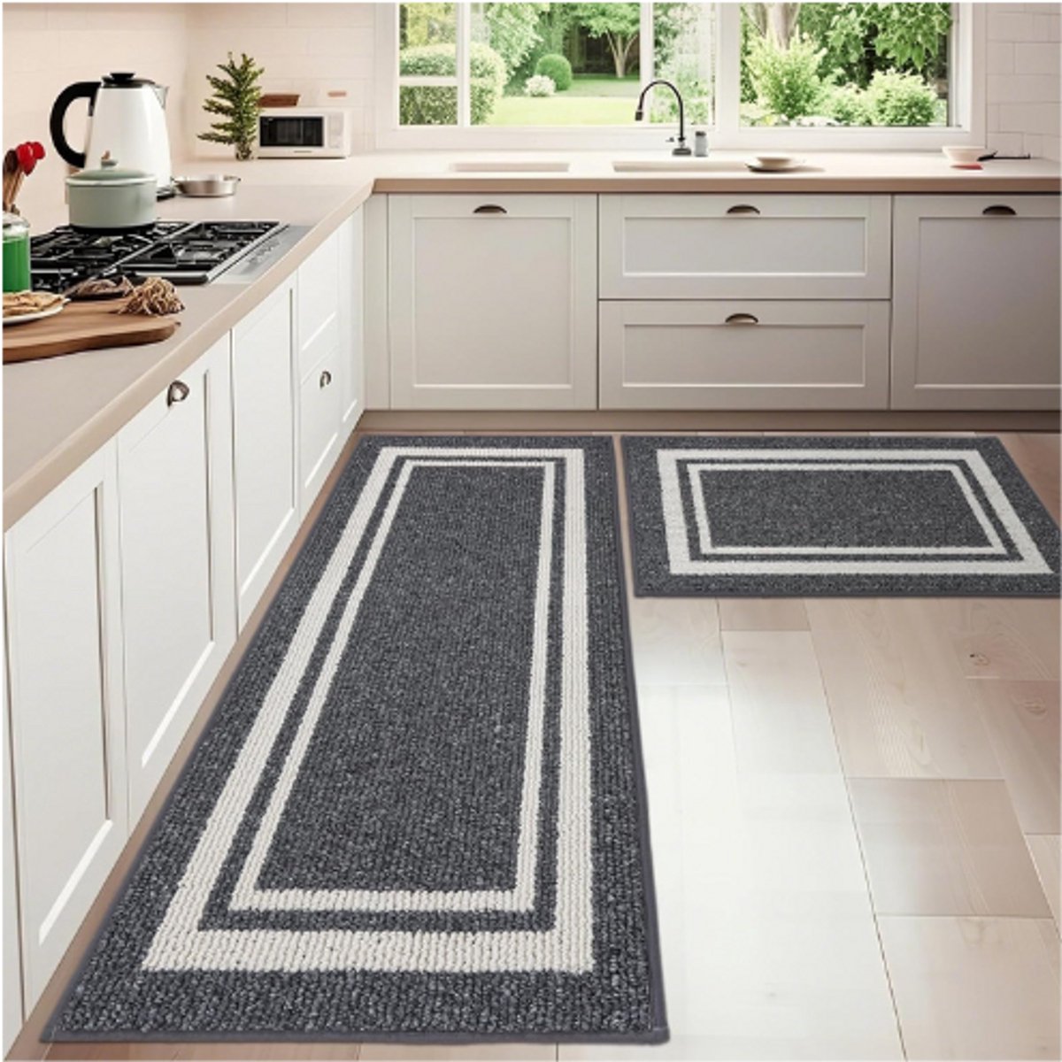 BOG Keukenmat Set Antislip Wasbaar - Grijs Tapijt Voor Keuken - Comfortabele Keukenloper Wasmachinebestendig - Set Van 2 Maten 60x90cm - 60x150cm GRIJS/WIT