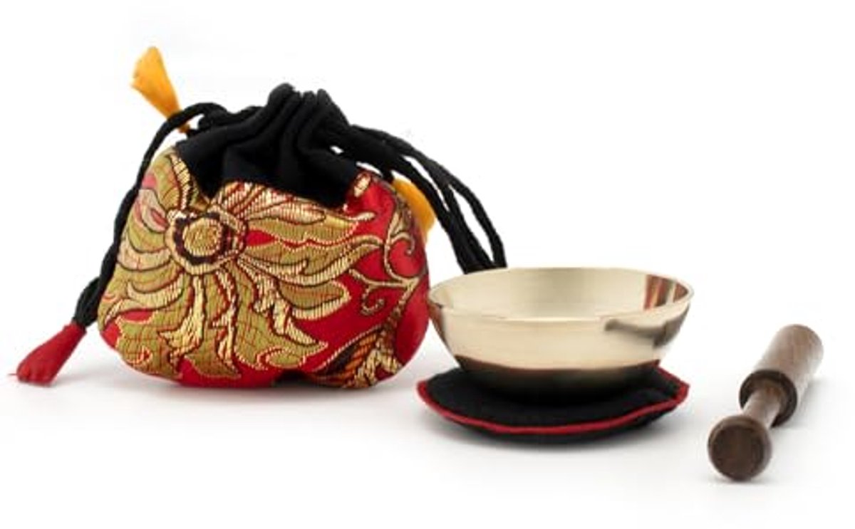Rode Miniklankschaal inclusief zwart/rood pad en houten stok voor meditatie en yoga