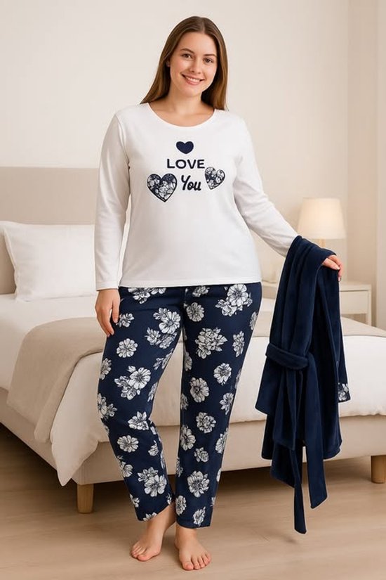 Pyjama d'hiver avec kimono court pour femme - Bleu marine foncé, XL