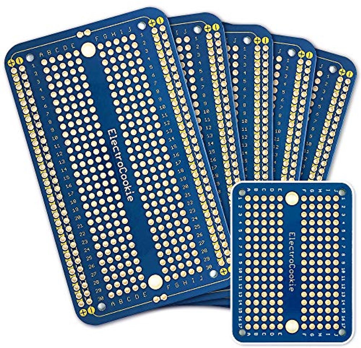 Dubblezijdige breadboard-printplaat voor elektronicaprojecten - 5-pack + mini-bord, blauw