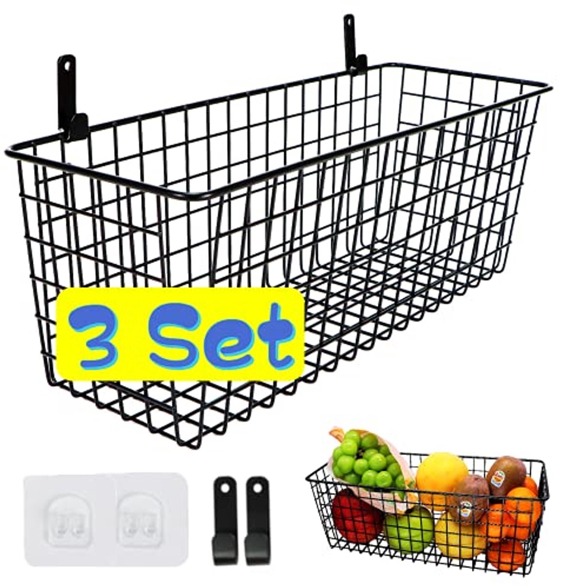 Hangende muur draadmanden set van 3 - Extra groot voor keuken, badkamer en garage - Zwart