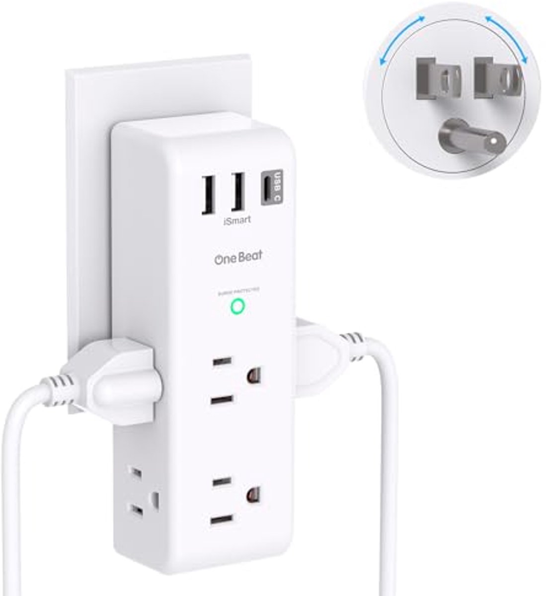 Overspanningsbeveiliging met draaibare stekker en 6 stopcontacten met USB-poorten