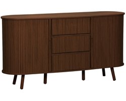 sweeek - Scandinavisch ovaal dressoir in geribbeld houteffect, 2 schuifdeuren met 4 compartimenten en 3 laden, l 150 x b 40 x h 79cm - legacy