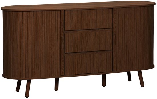 sweeek - Scandinavisch ovaal dressoir in geribbeld houteffect, 2 schuifdeuren met 4 compartimenten en 3 laden, l 150 x b 40 x h 79cm - legacy