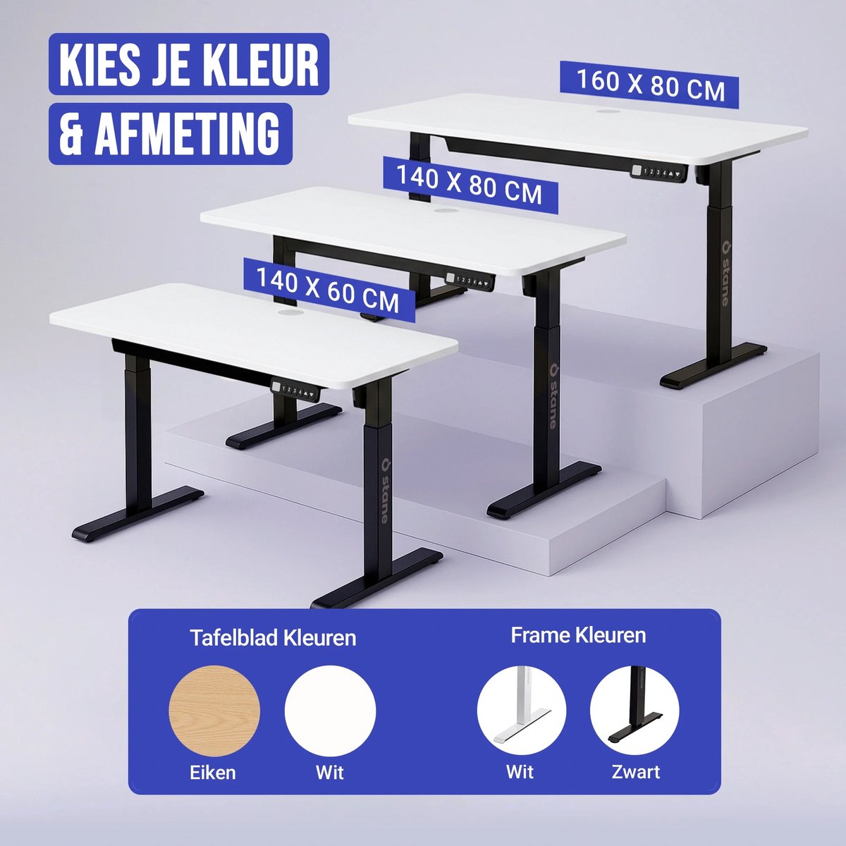 Stane Zit Sta Bureau Elektrisch Verstelbaar - 4 Geheugen Standen - Incl. Kabelgoot - 160 x 80 cm - Wit Blad, Zwart Frame thumbnail 3