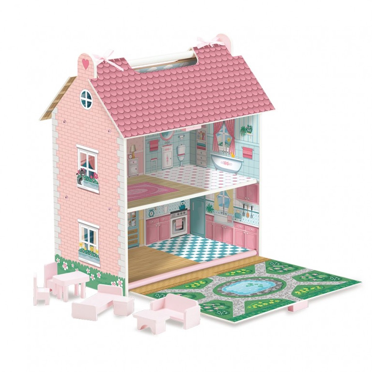 DeQuBe Houten Poppenhuis – Draagbaar - 2 Verdiepingen, Tuin & 7 Accessoires - Roze - 39 cm