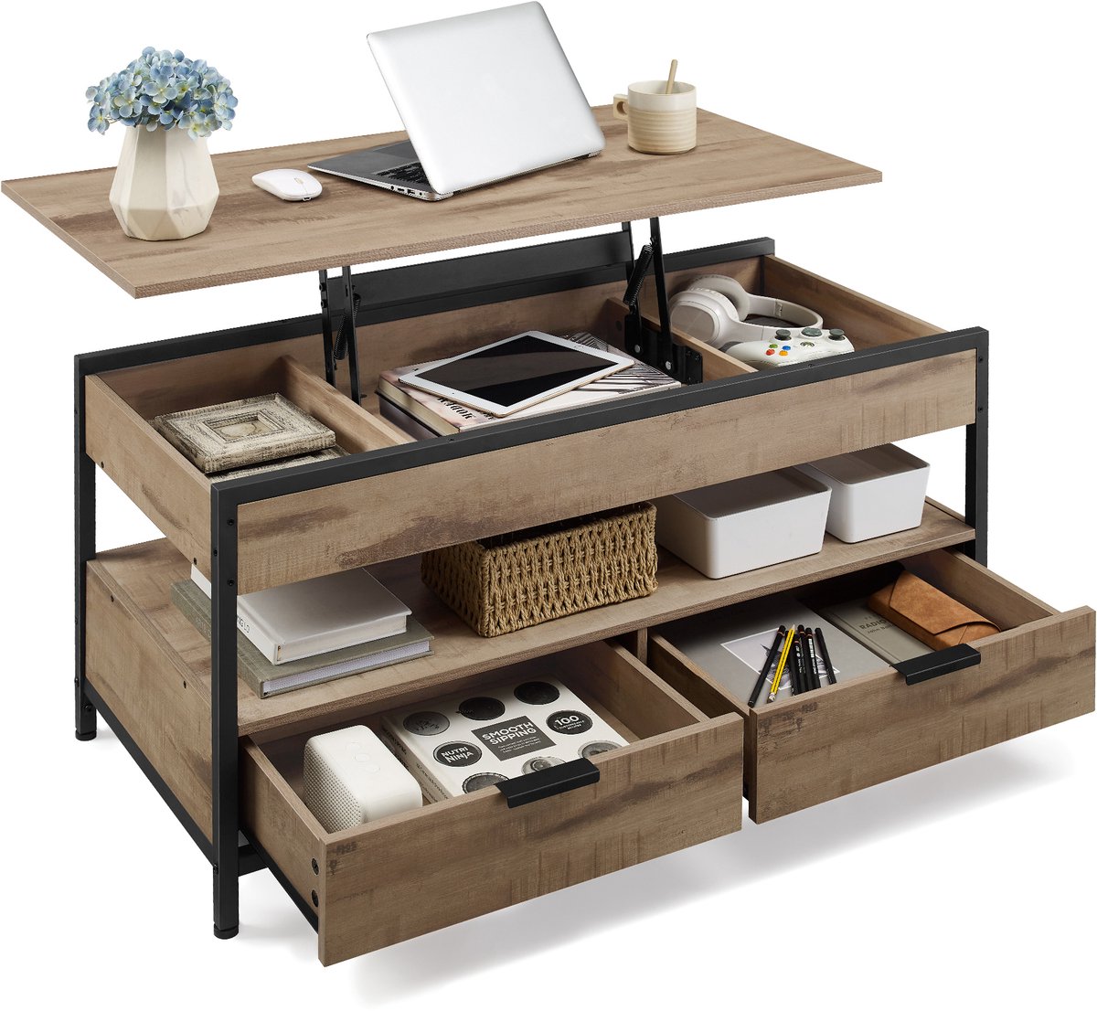 CINK Home® – Salontafel met Verstelbaar Tafelblad – Koffietafel met Lift-Top Design – Met Lades & Opbergruimte – 100×50×(48–63) cm