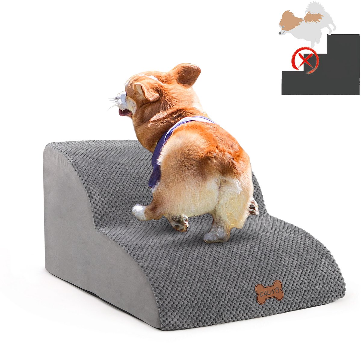 CALIYO Hondentrap - Hondentrapje voor Honden - Trap Hond 2 Treden – 40x55x26 cm - Hondentrapje voor Honden - Hondenloopplank - Opstapje Hond - Foam - Grijs
