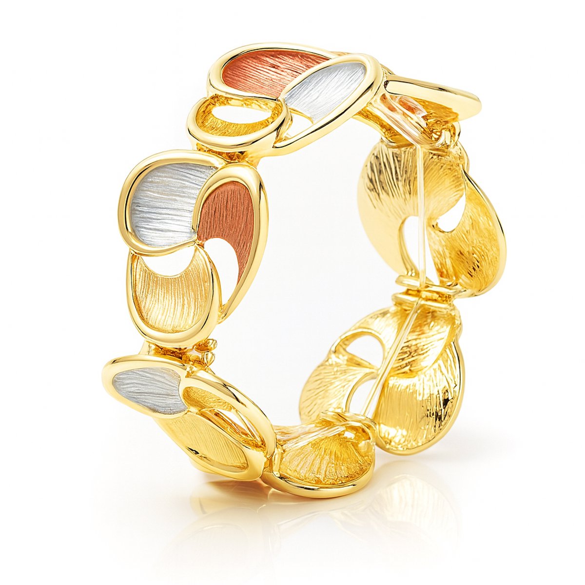 Modieuze Dames Armband Elastisch – Bloemblad Vorm – Rood, Blauw & Goud – Milieuvriendelijk Metaal