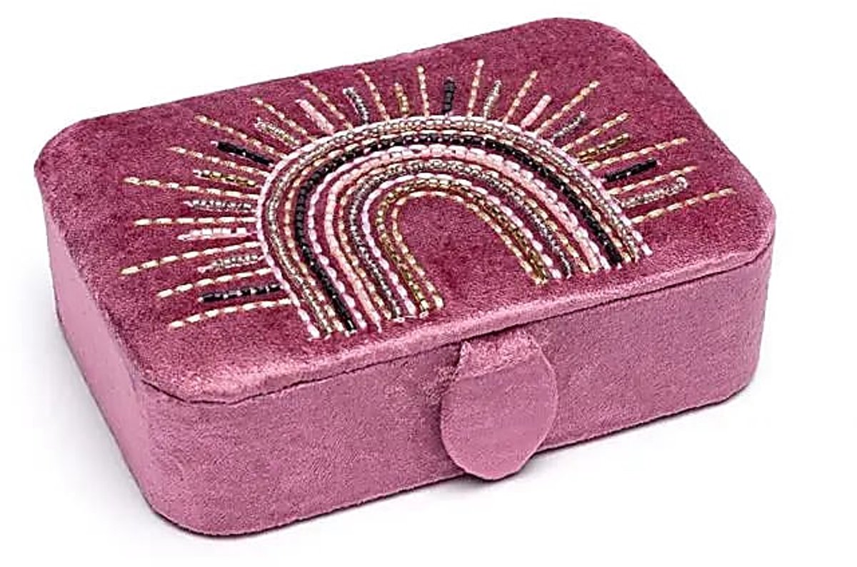 Sieraden / tarotdoos fluweel paars met regenboog - 11 cm x 15.5 cm x 5 cm