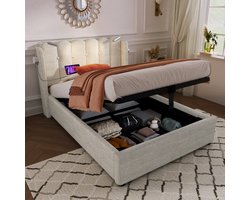 SINGULARITY-Gestoffeerd bed eenpersoonsbed leeslamp met hoofdbord opbergruimte bedframe linnenstof jeugdbed 90x200- naturel zonder matras