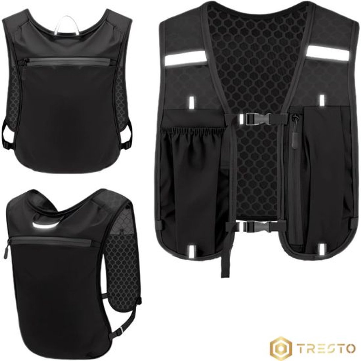 TRESTO - Hardloopvest – Ultralicht & Duurzaam Hydratatievest met Drinkhouder en Telefoonvak – Reflecterende Strepen – Geschikt voor Hardlopen & Paardrijden – Zwart