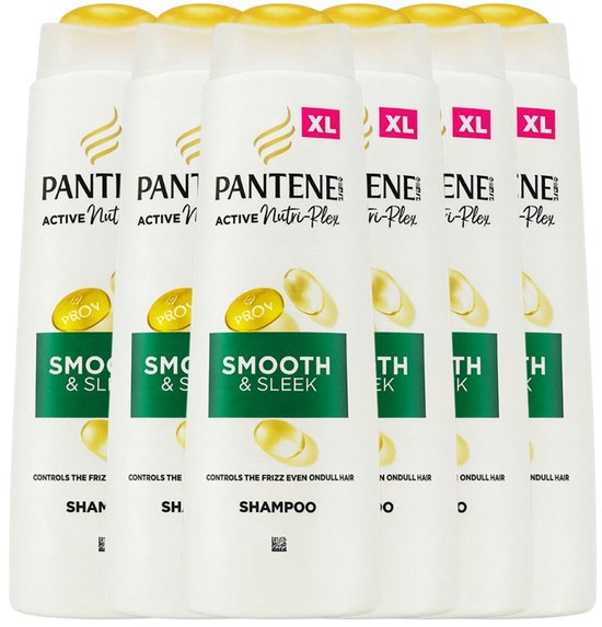 Pantene Shampoo XL lot promotionnel: six flacons blancs avec bouchon jaune, "Smooth & Sleek" et "PRO-V" sur le devant.