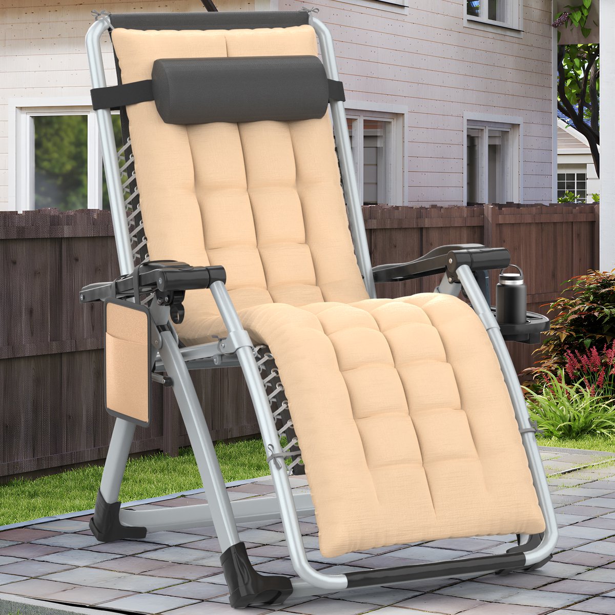 Soontrans Nulzwaartekracht Opvouwbare Ligstoelen - Tuinstoelen - Verstelbare Rugleuning – Ligbedden - Tuinligstoel - Balkonligstoel -Terrasstoel Voor Tuin - Strand - Zwembad-Met Kussen-Beige