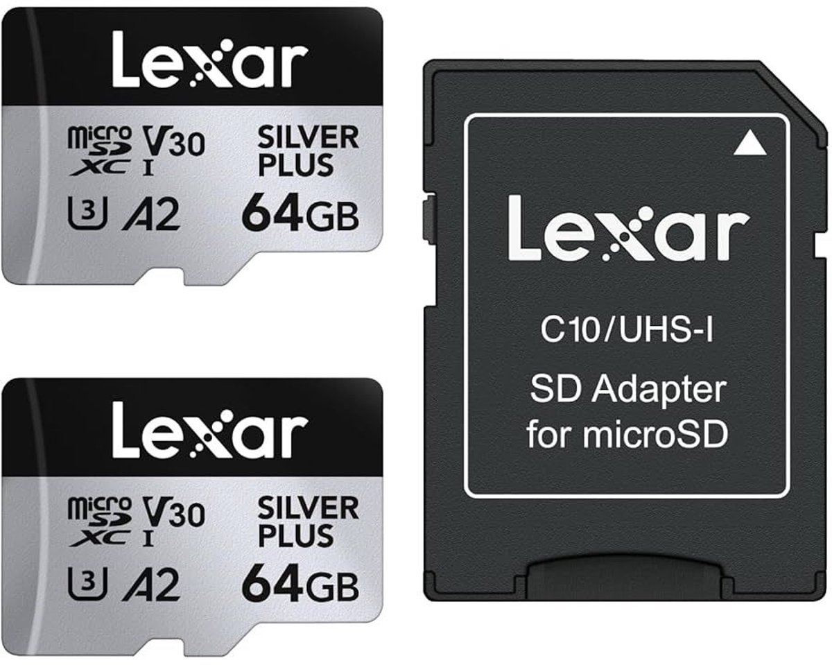 Lexar 64GB Micro SD Silver Plus 205 Mb/s UHS-I V30 - 2 Stuks