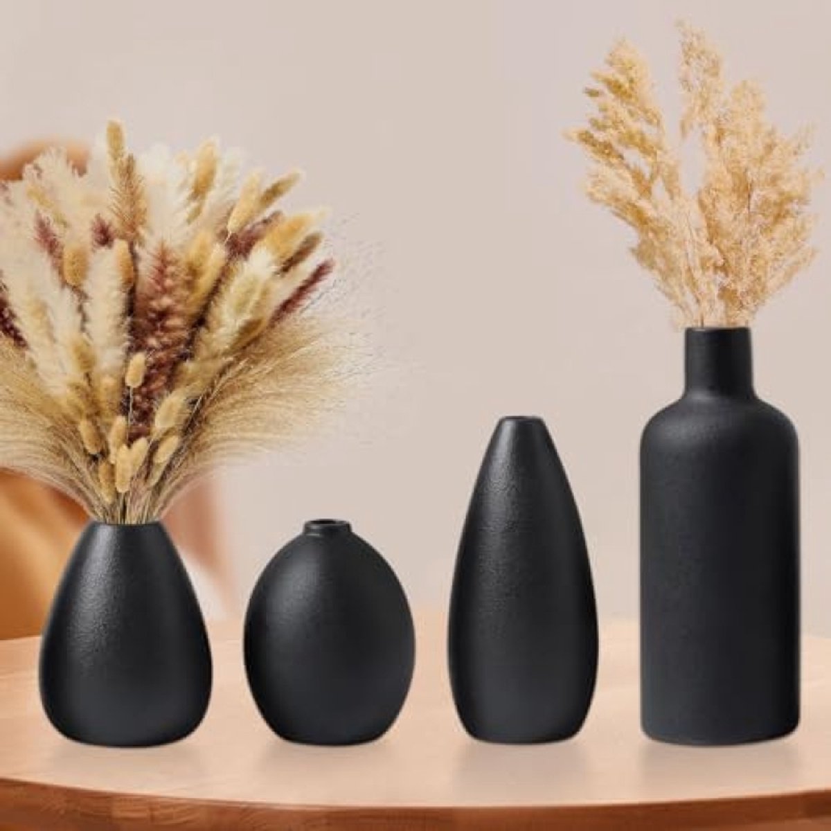 PromoHome Keramische Vazenset - 4 Moderne Decoratieve Bloemenvazen in Zwart - Stijlvolle Tafeldecoratie voor Woonkamer, Entree en Kantoor